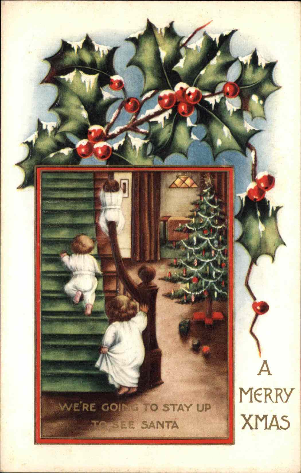 Christmas Children Stairs Embossed Postcard