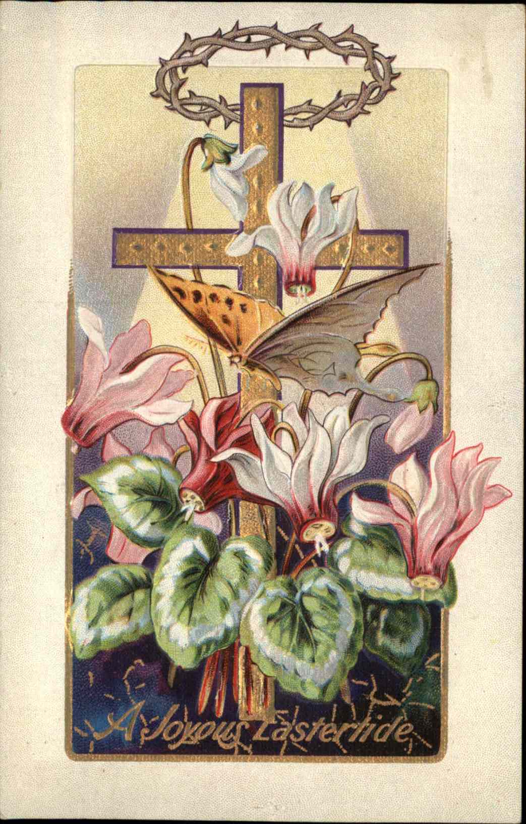 Easter Cross Butterfly Lily Gilt Embossed Postcard