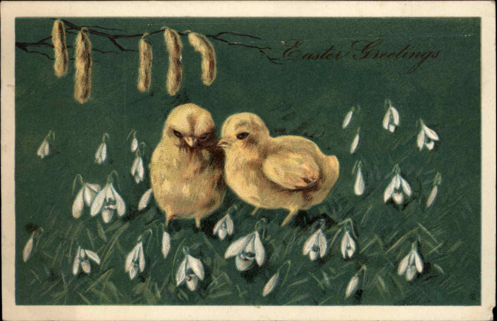 Easter Chick Pussy Willow Flower Embossed Postcard