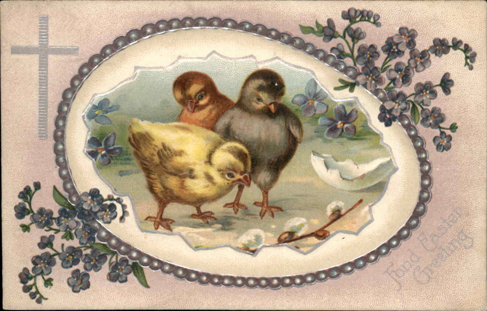 Easter Chick Eggshell Flower Cross Embossed Postcard