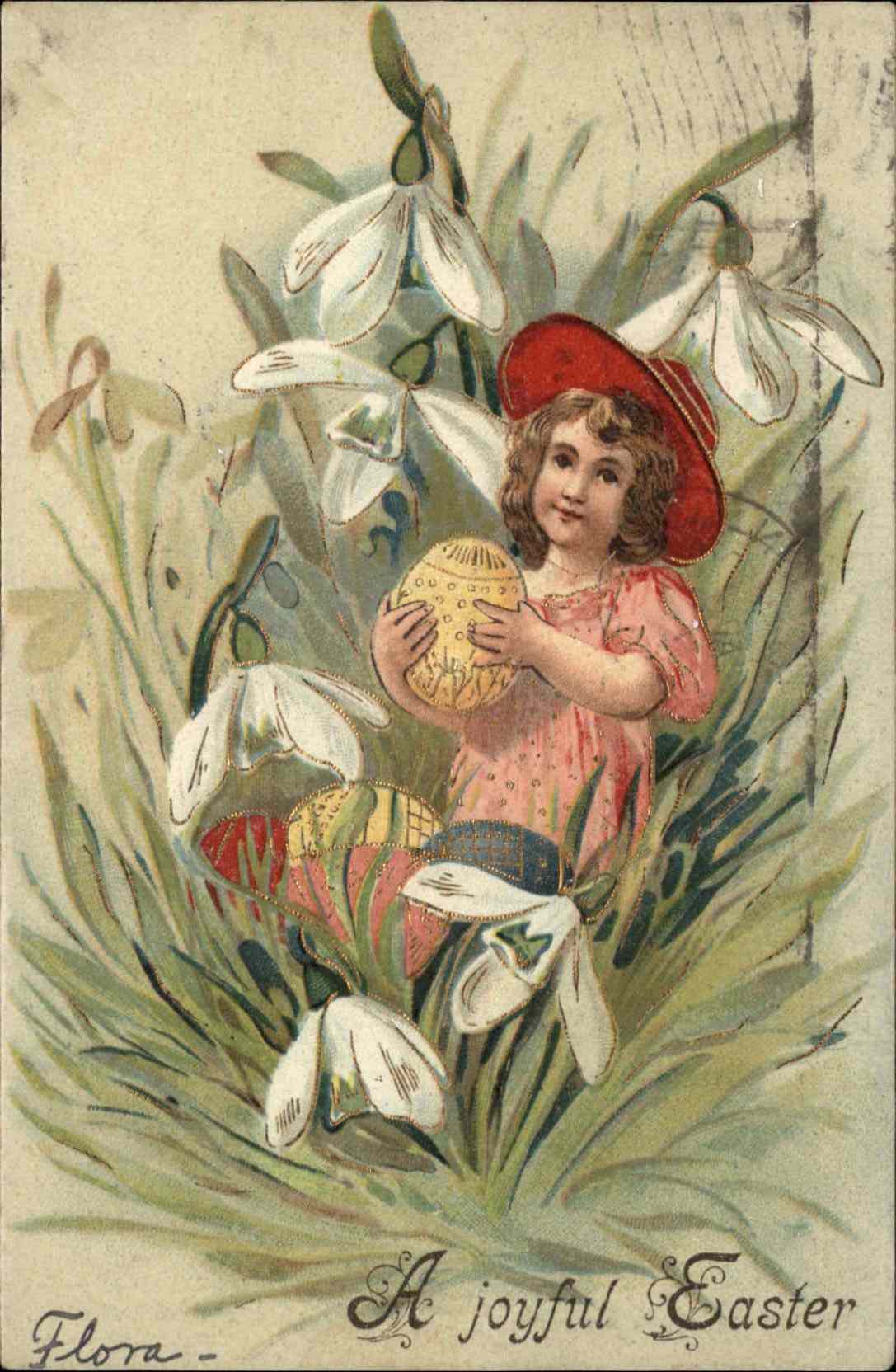 Easter Children Girl Colorful Egg Flower Gilt Embossed Postcard