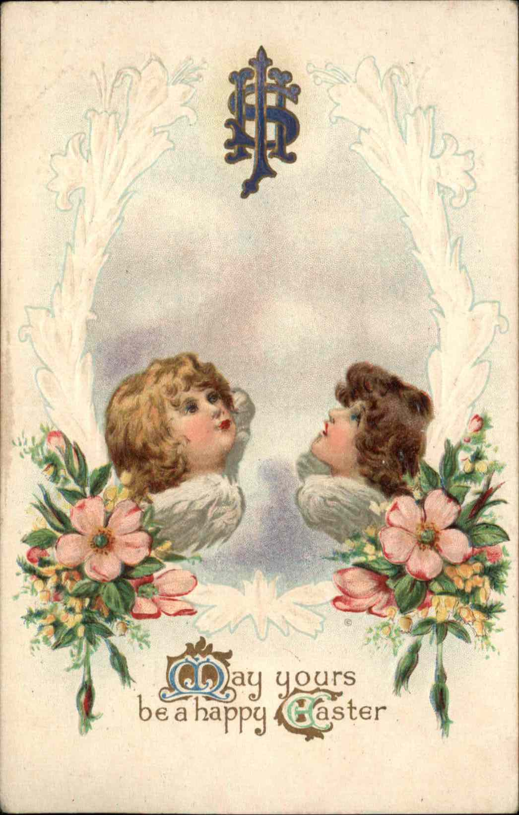 Easter Cherub Flower Gilt Embossed Postcard