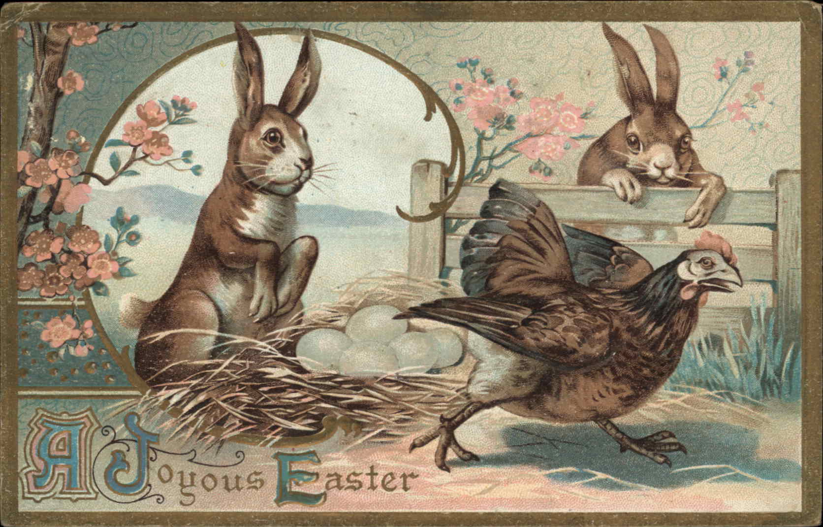 Easter Rabbit Hen Egg Flower Gilt Embossed Postcard