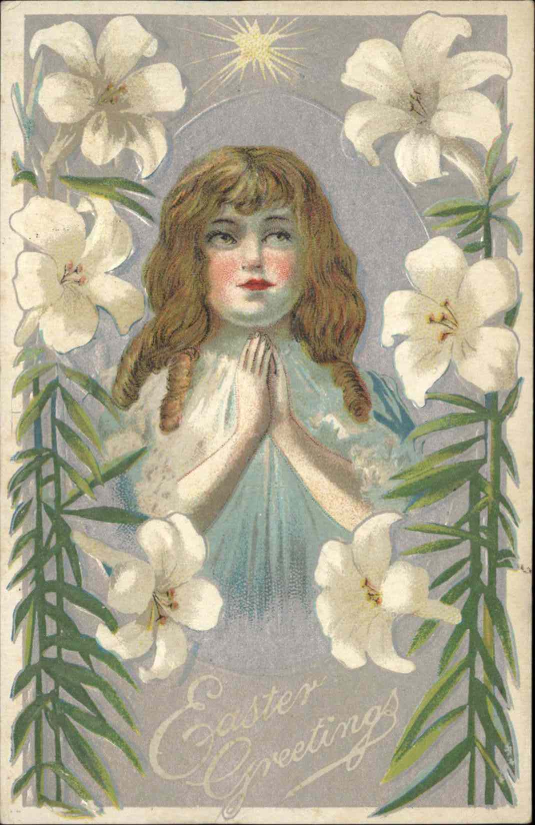 Easter Children Praying Lily Star Embossed Postcard