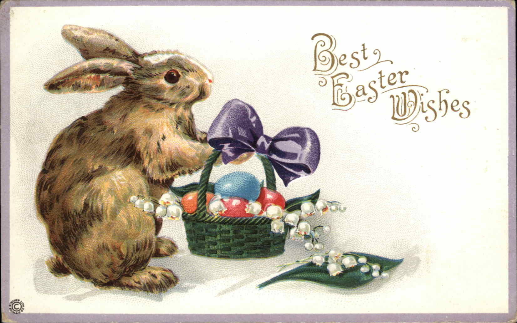 Easter Rabbit Colorful Egg Basket Gilt Embossed Stecher Postcard