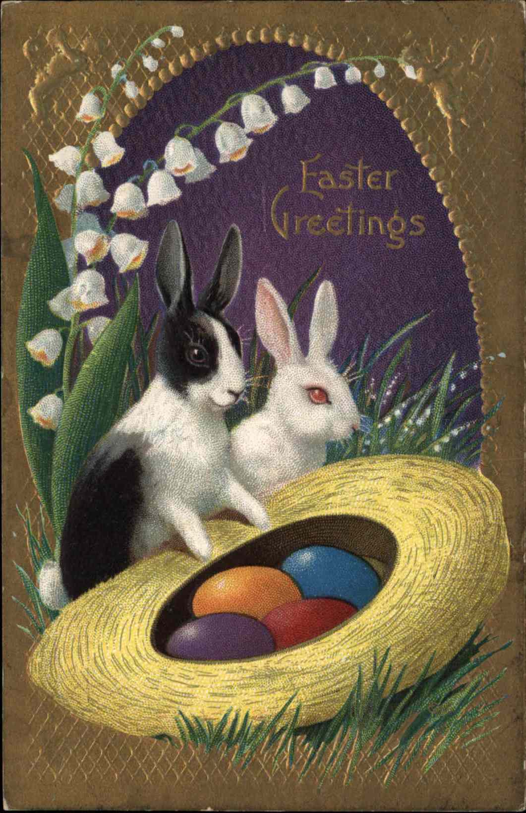 Easter Rabbit Hat Colorful Egg Gilt Embossed Postcard