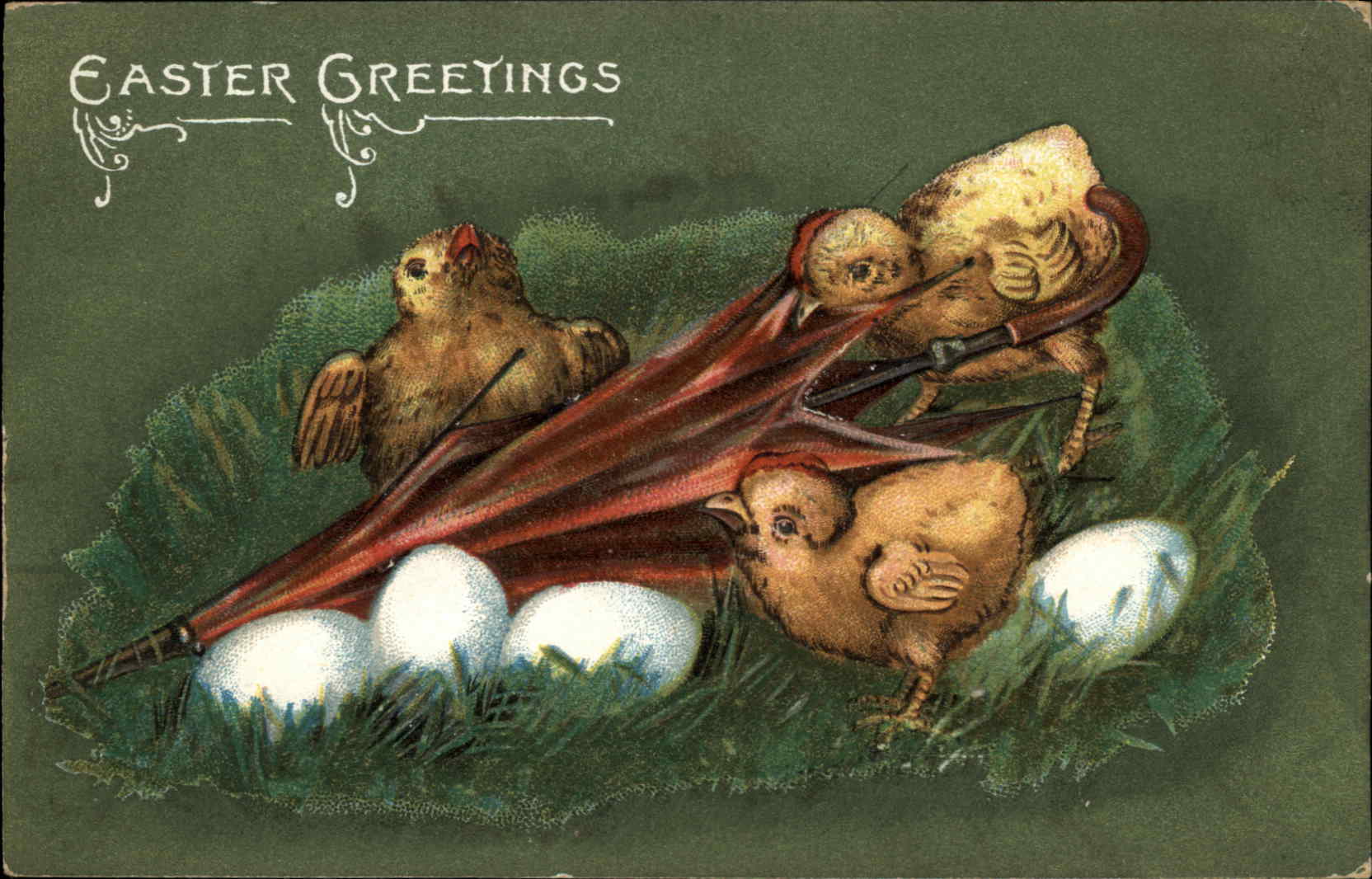 Easter Chick Umbrellas & Parasols Egg Embossed Postcard