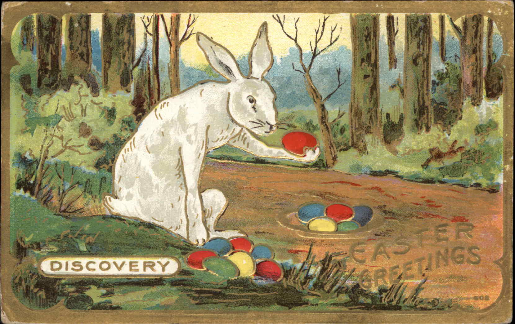 Easter Rabbit Colorful Egg Gilt Embossed Postcard