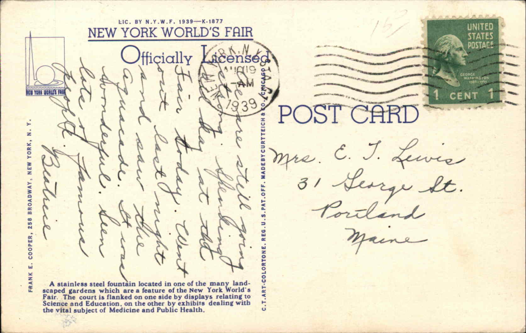 New York City New York NY New York World's Fair 1939 Fountain Linen Postcard - Image 2