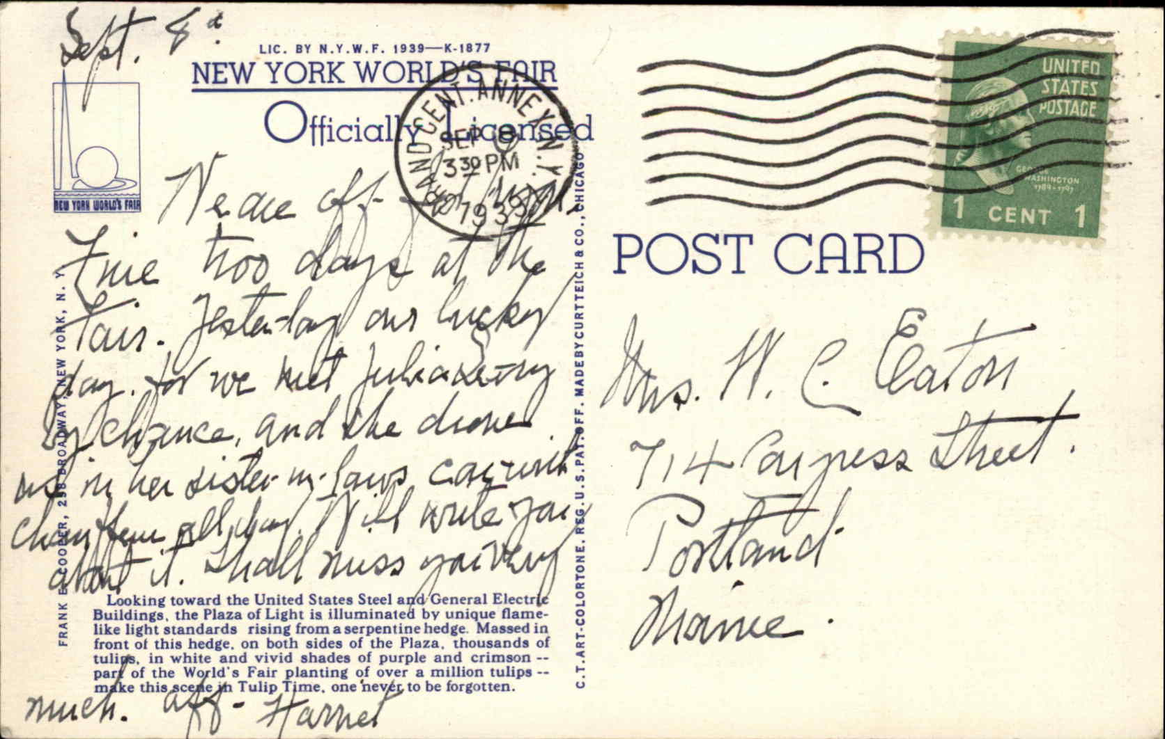 New York City New York NY New York World's Fair 1939 Garden Linen Postcard - Image 2