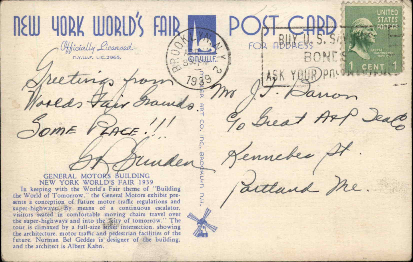 New York City New York NY New York World's Fair 1939 Transportation General Motors Linen Postcard - Image 2