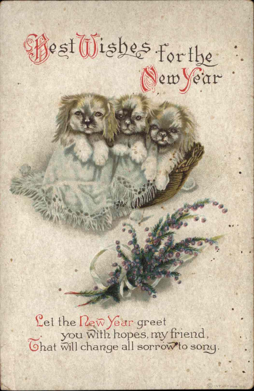 New Year's Dog Basket Flower Embossed International Art Publishing Co Postcard
