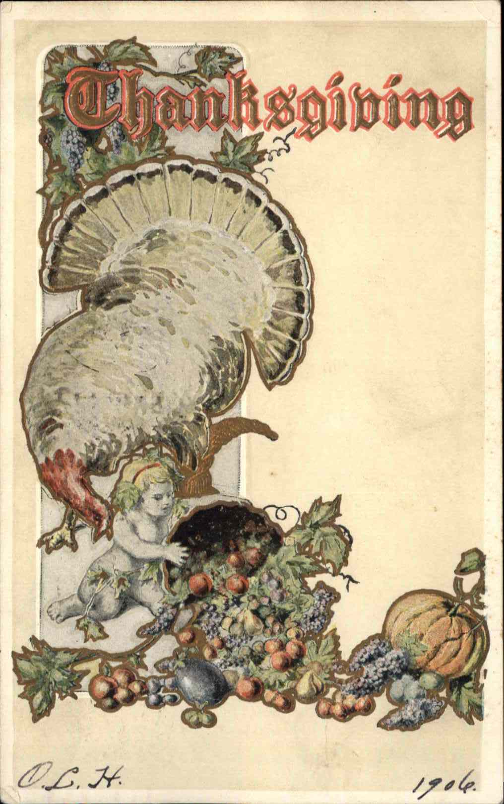 Thanksgiving Turkey Baby Children Gilt Embossed Postcard