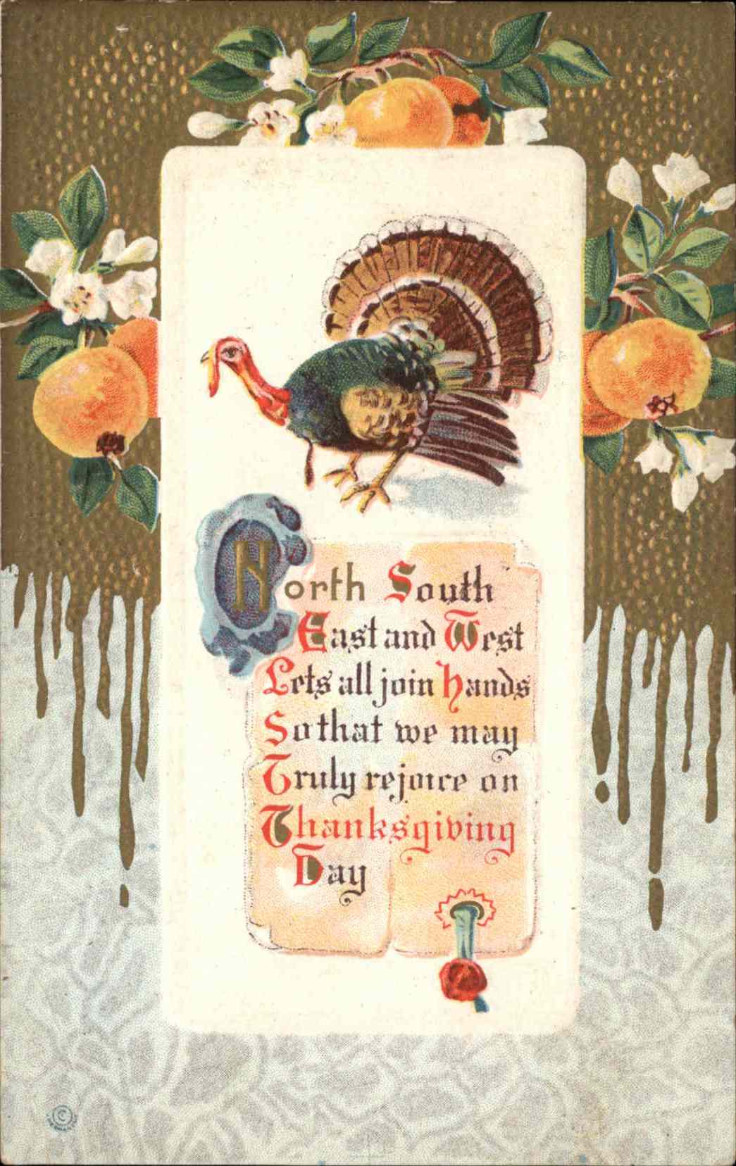 Thanksgiving Turkey Flower Gilt Embossed Postcard