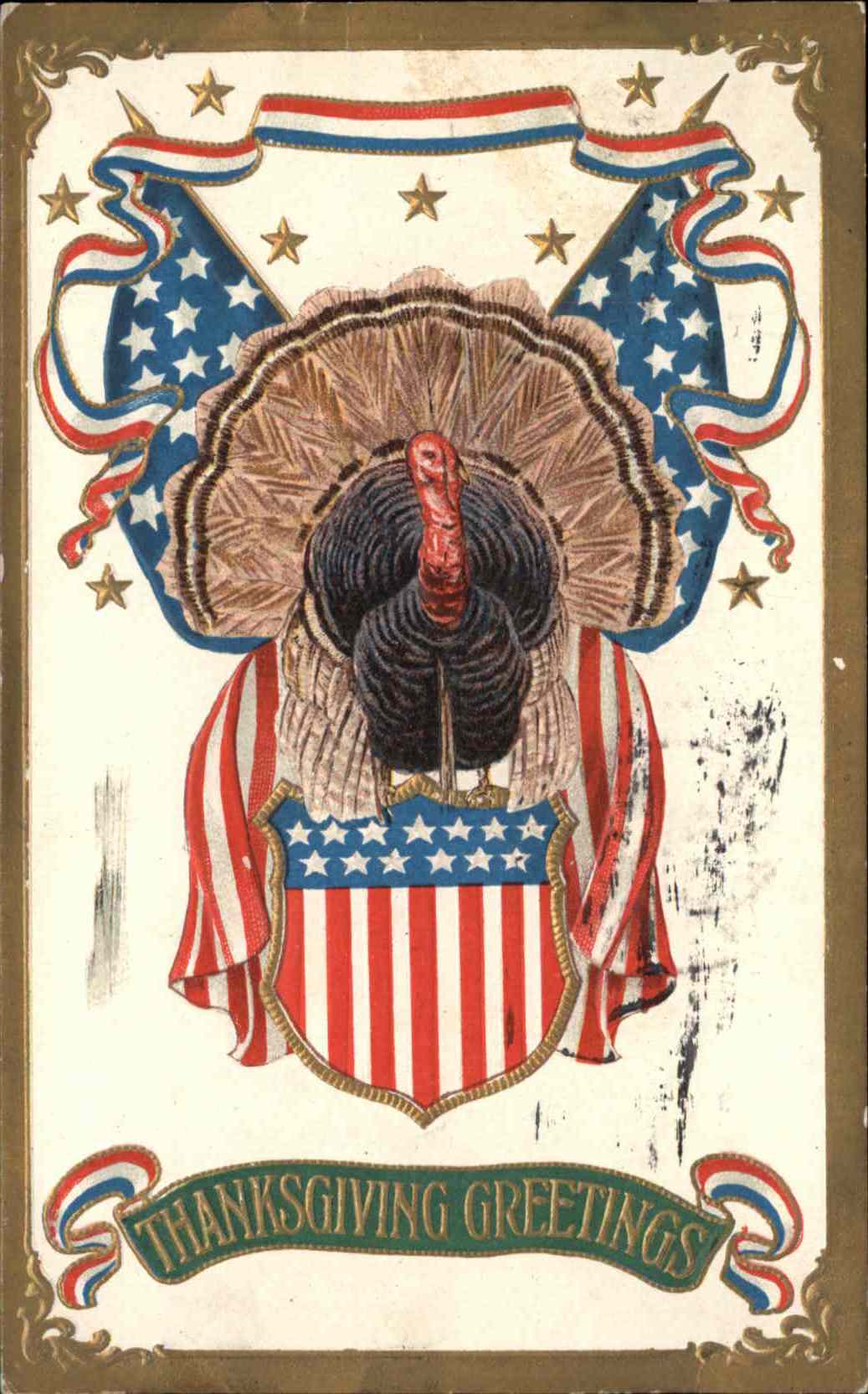 Thanksgiving Turkey Shield Patriotic Gilt Embossed SB Postcard
