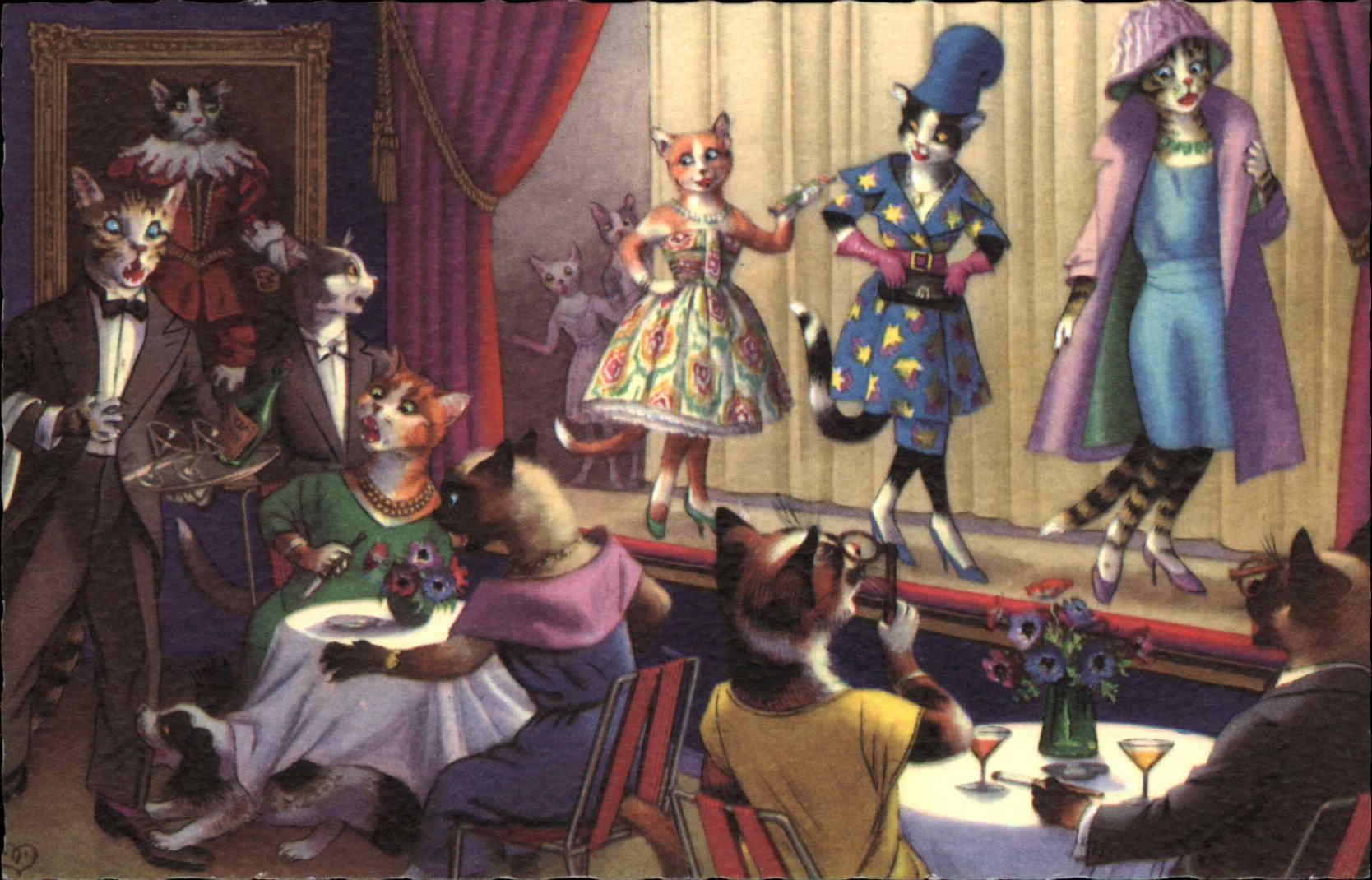 Dressed Animals Cats Fashion Show Waiter Postcard