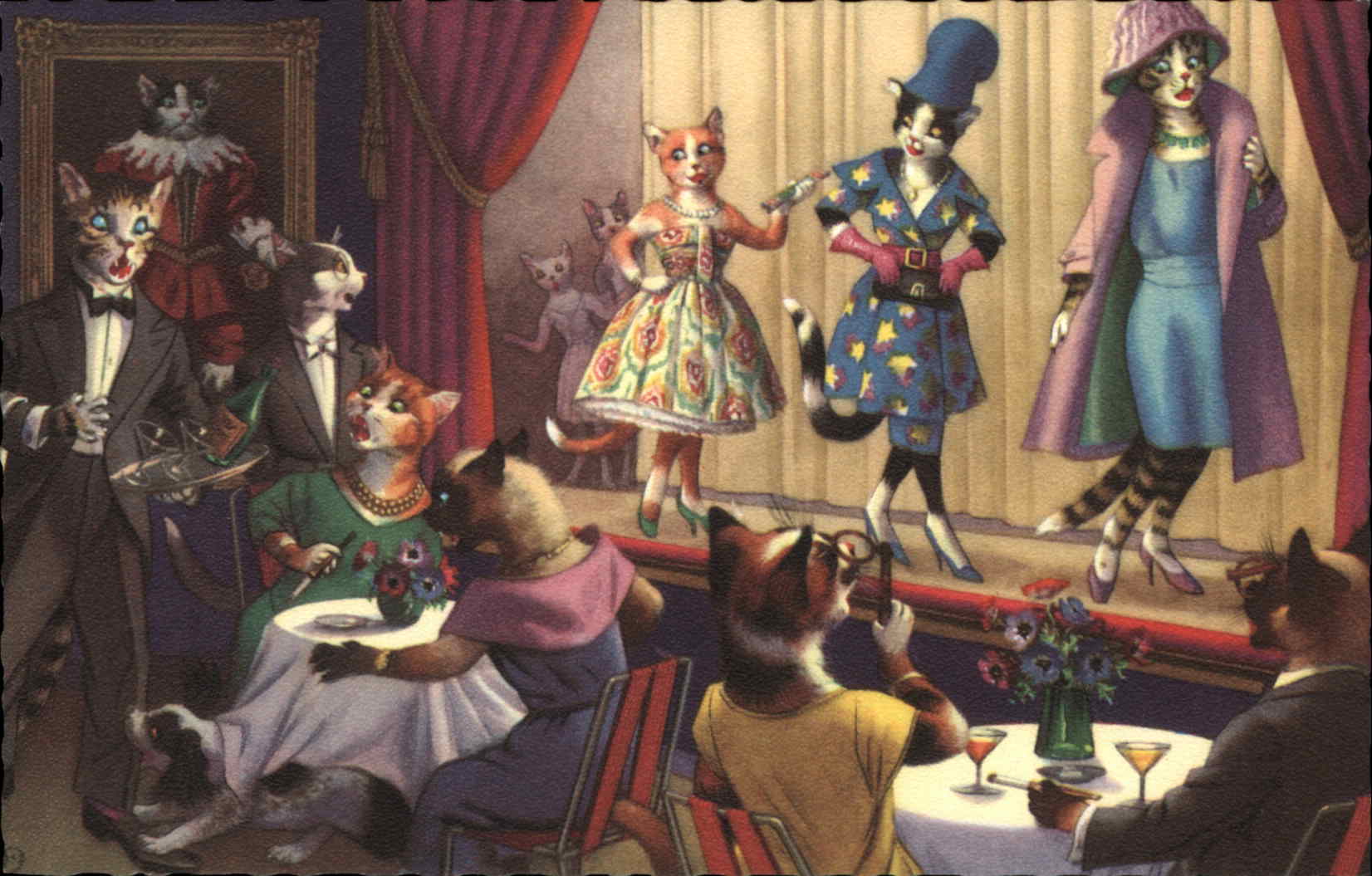 Dressed Animals Cats Fashion Show Waiter Postcard