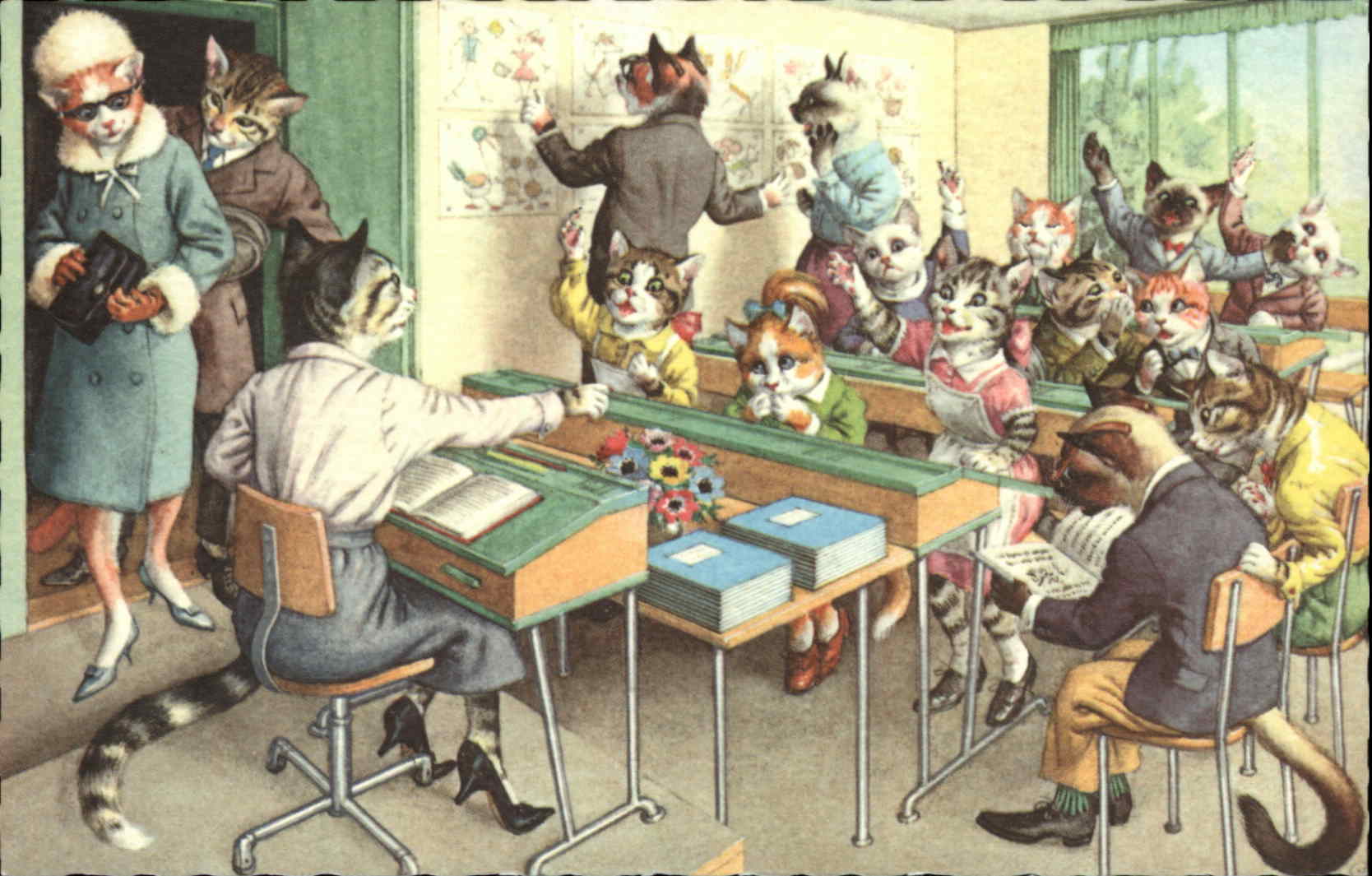 Dressed Animals Cats Classroom Postcard