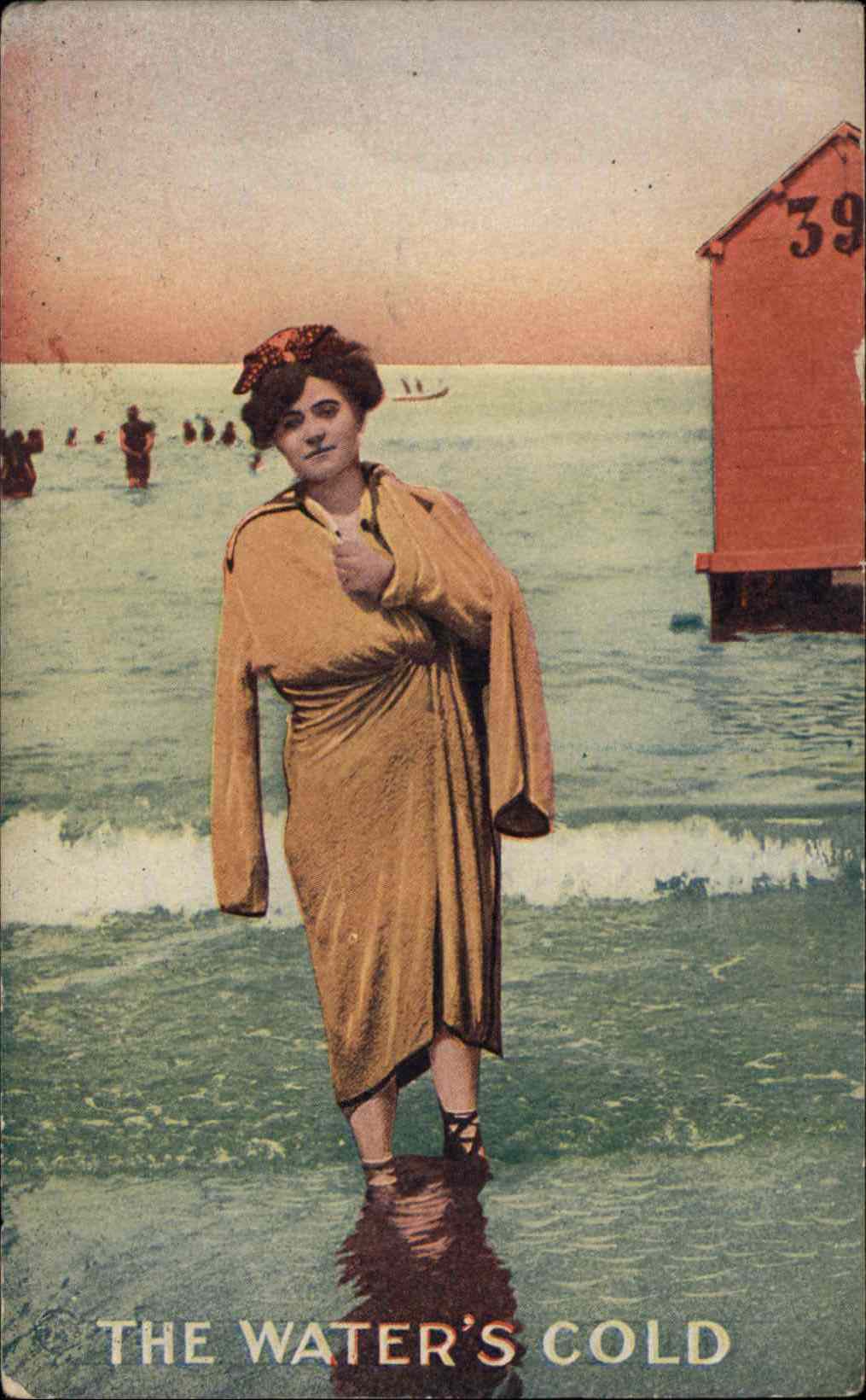 Beautiful Women & Lovely Ladies: Pinup & Bathing Beauty Beach Scene Cold Bathing Machine "The Water's Cold" Postcard