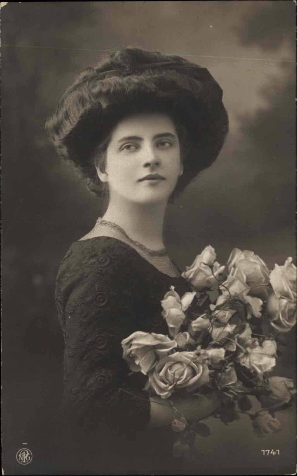 Women Rose Bouquet RPPC Real Photo Postcard
